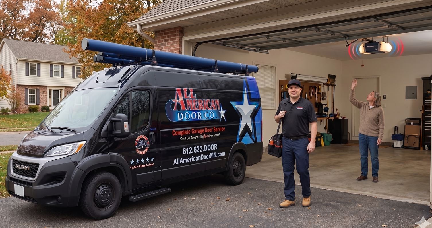 All American Door Tech Walking Out Of Garage With Homeowner Looking At Humming Opener Motor