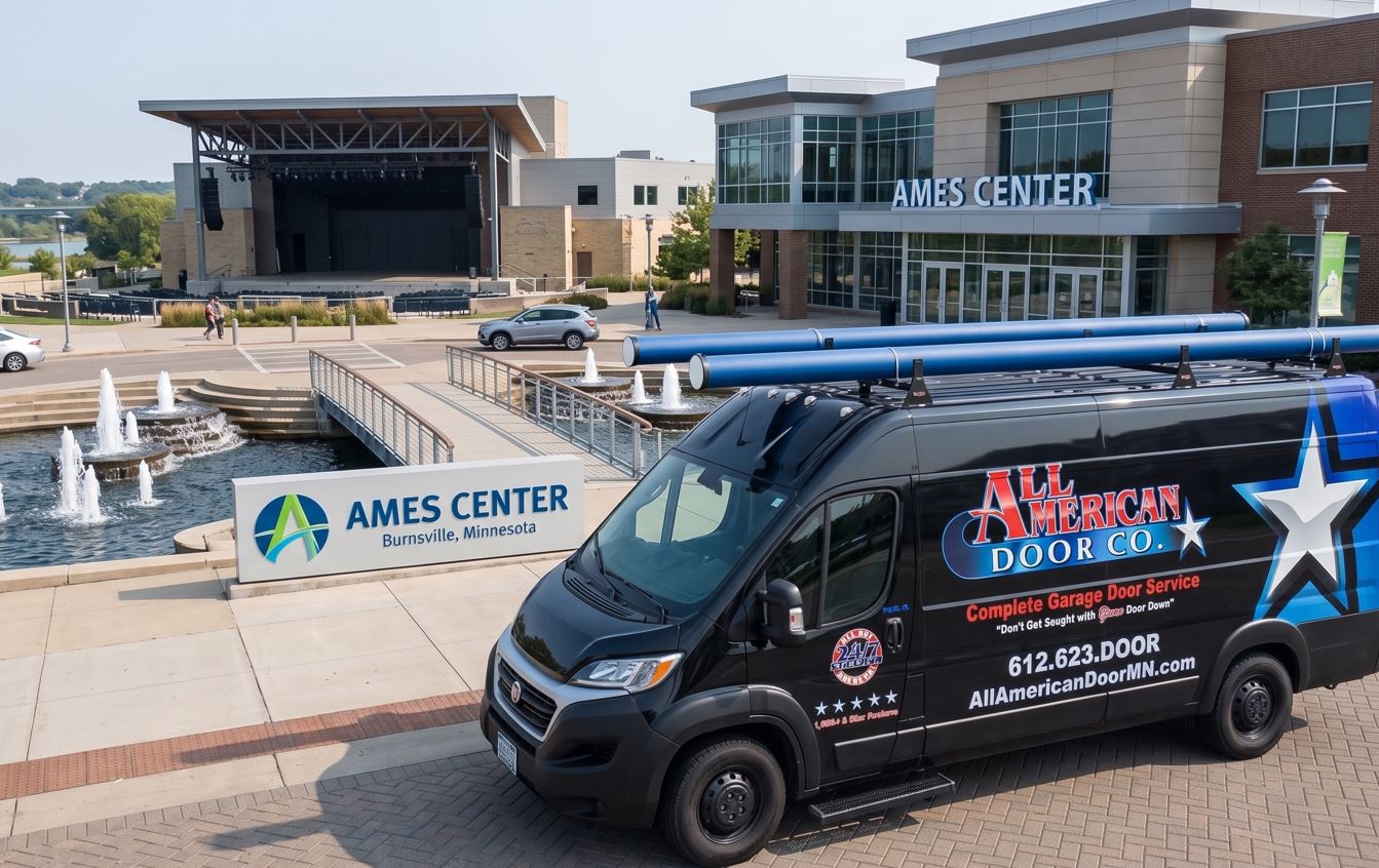 All American Door truck in front of Ames Center in Burnsville MN