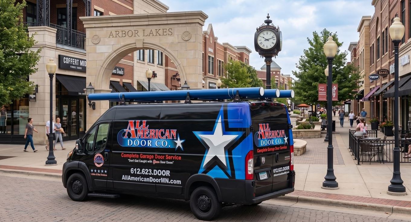 All American Door truck in front of The Shoppes at Arbor Lakes in Morton Grove MN
