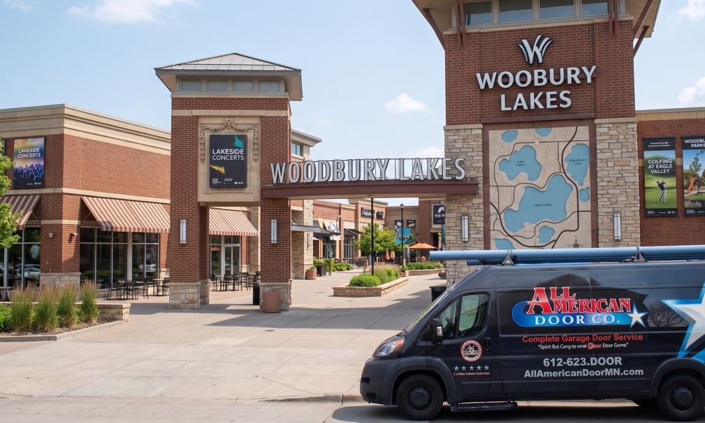 All American Door van parked in front of Woodbury Lakes shopping mall