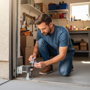 Homeowner cleaning Garage Door Opener Sensors